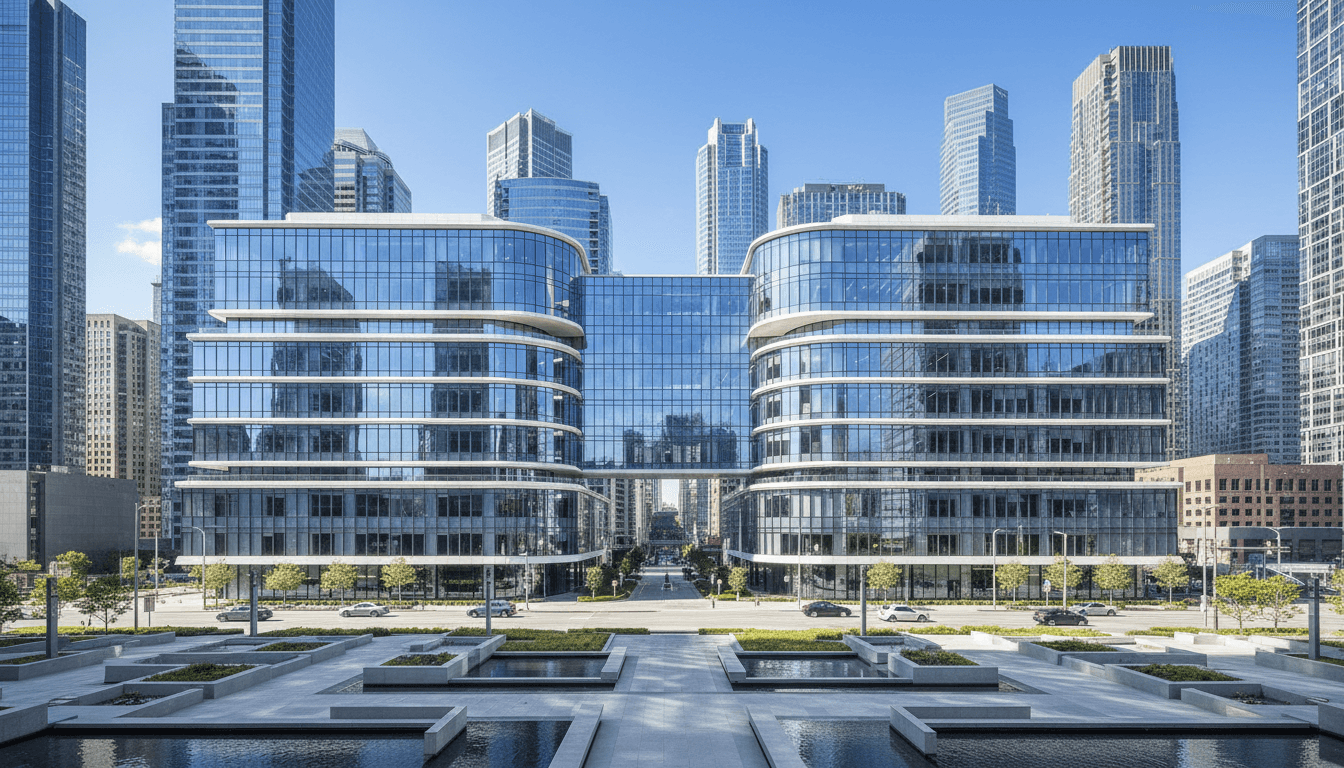 Modern professional office building in financial district with contemporary glass architecture