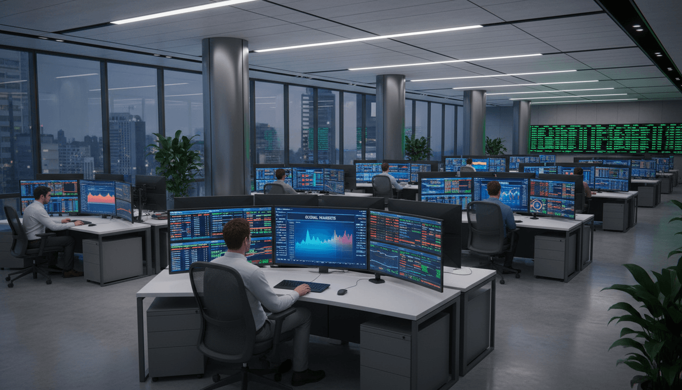 Financial professionals working with analytics and performance data in modern office