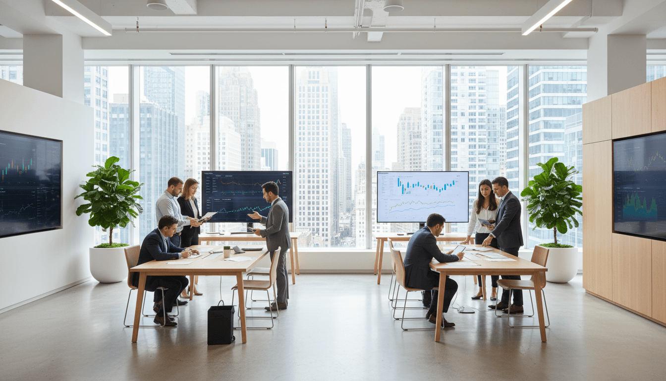 Modern financial hub with contemporary architecture and professional lighting