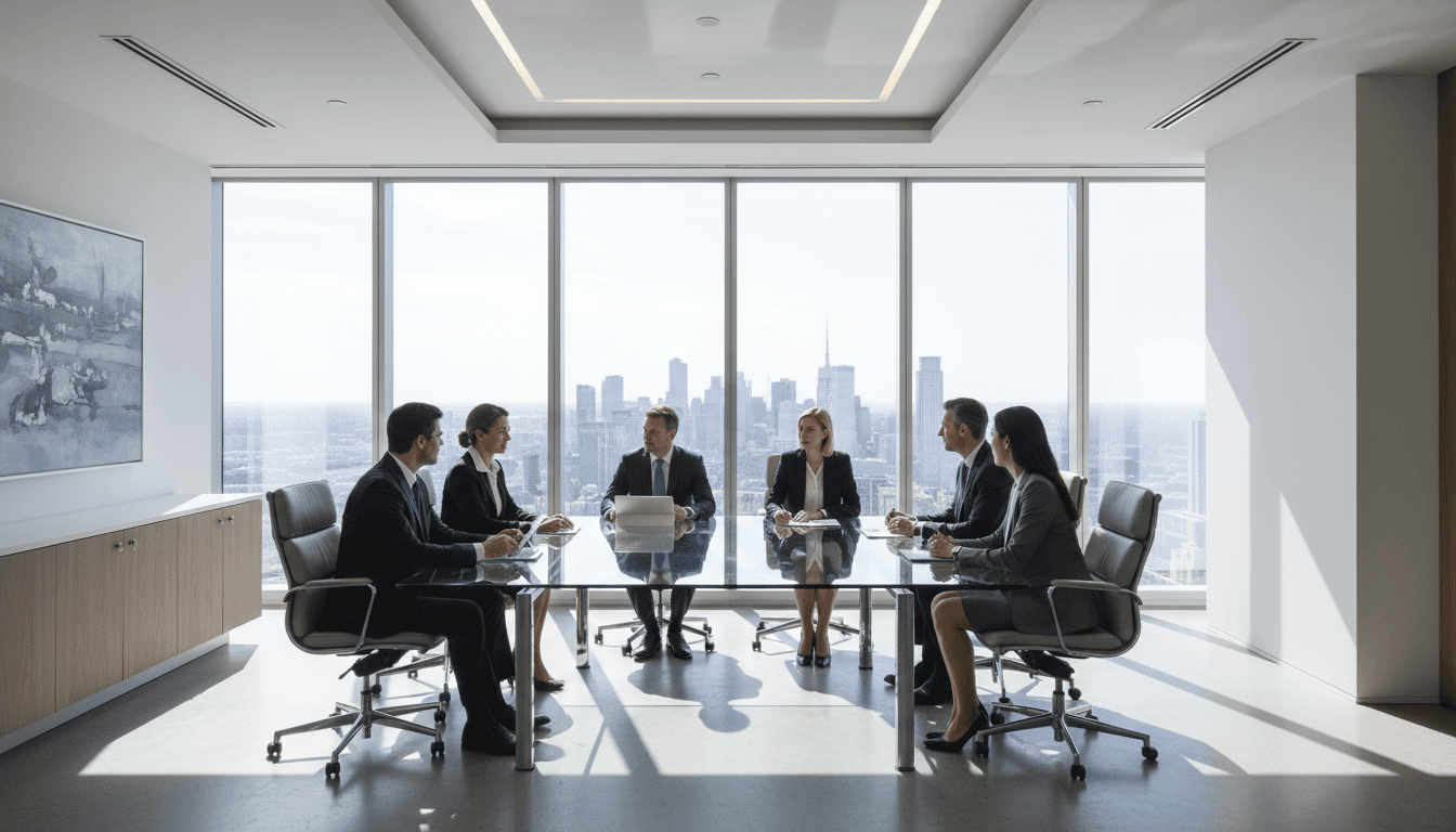 Executive leadership team discussing strategy in modern conference room with city skyline
