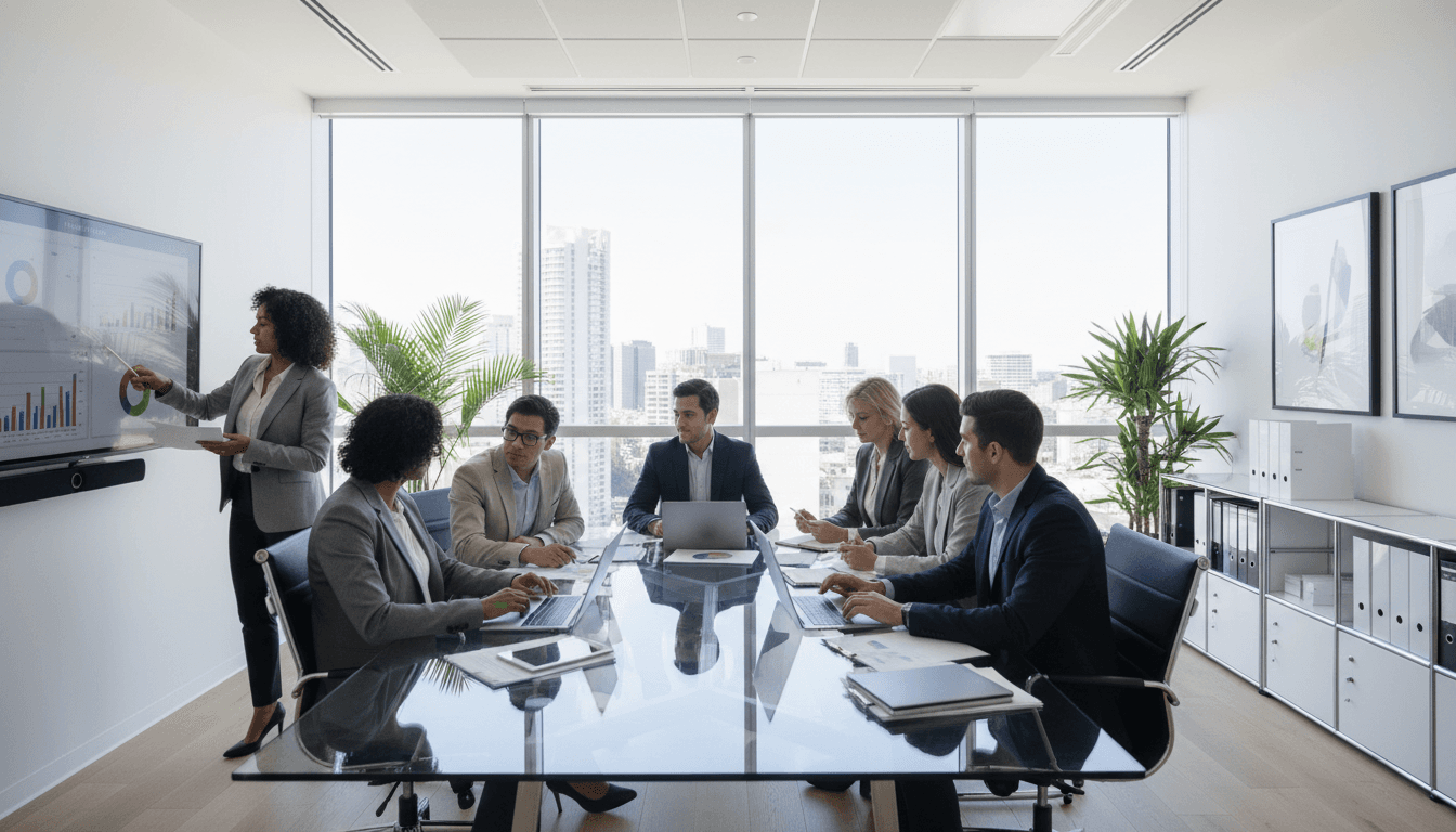 Executive team meeting in modern corporate boardroom