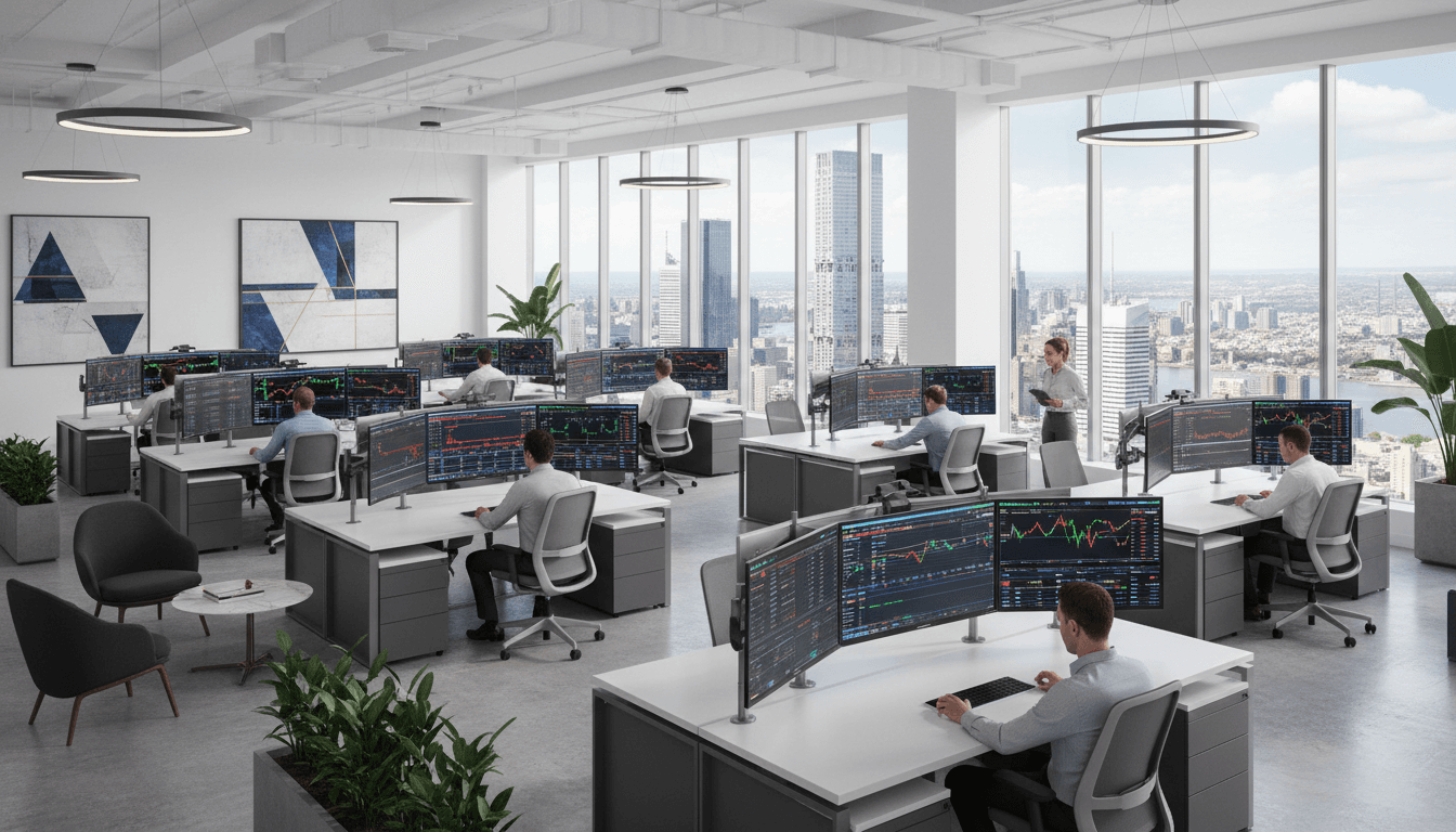 Executive team reviewing financial dashboards in modern financial hub office