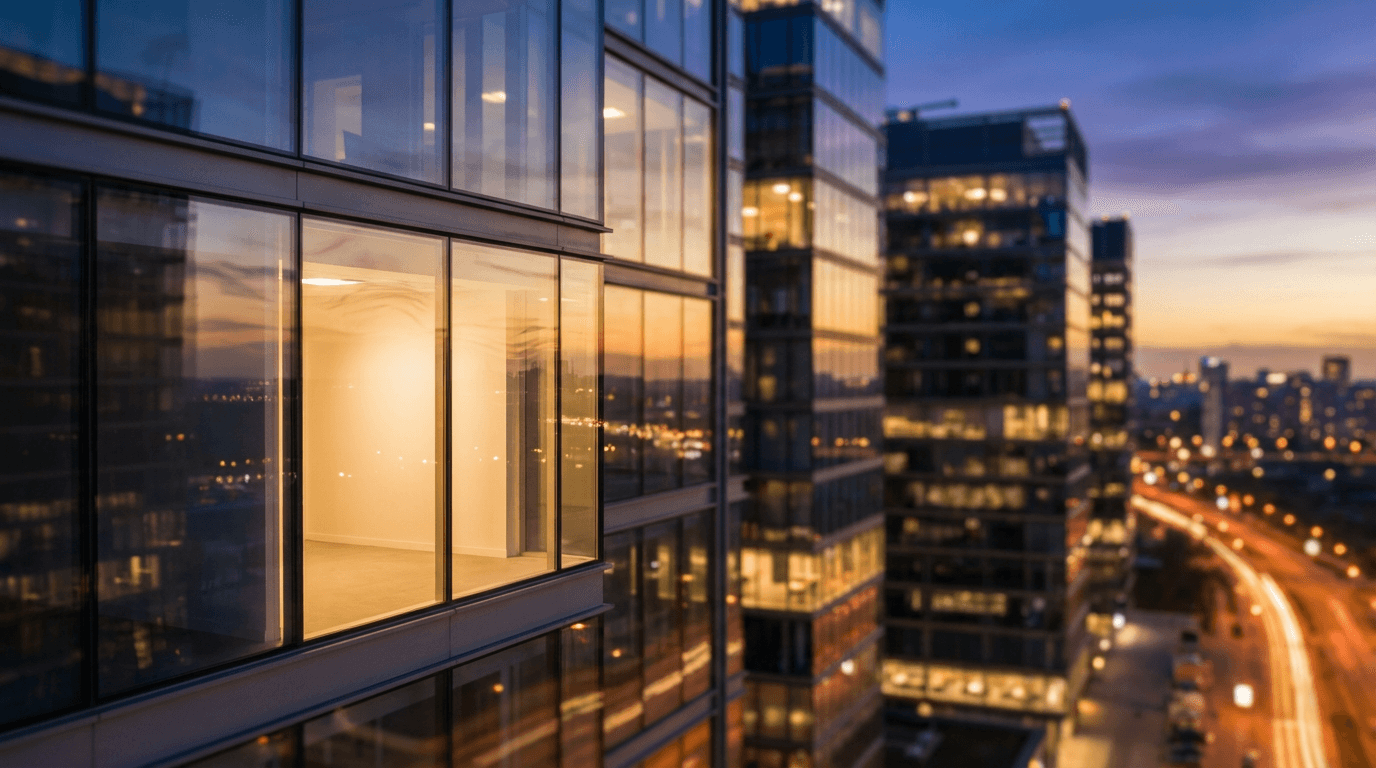 Professional modern office building in financial district with contemporary glass facade and urban landscape