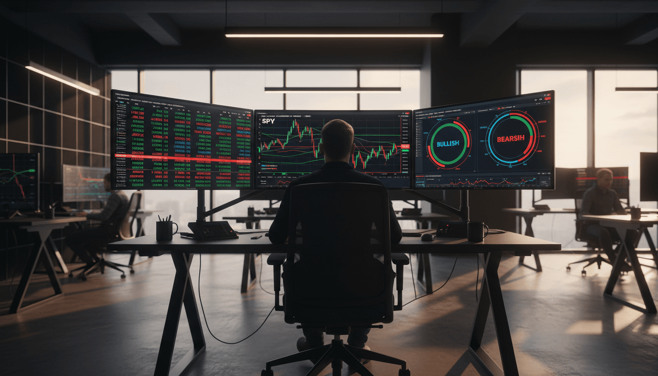 Financial data center with analytics displays in modern office environment